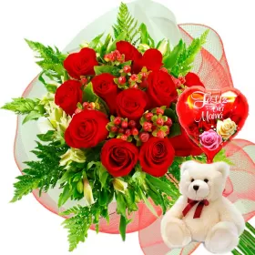 RAMO 12 ROSAS ROJAS MÁS PELUCHE Y GLOBO DÍA DE LAS MADRES