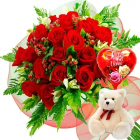 RAMO 24 ROSAS ROJAS MÁS PELUCHE Y GLOBO DÍA DE LAS MADRES