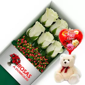 CAJA 6 ROSAS BLANCAS MÁS PELUCHE Y GLOBO DÍA DE LAS MADRES