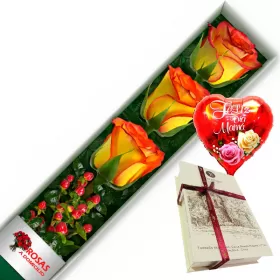 CAJA 3 ROSAS CIRCUS MÁS CHOCOLATE Y GLOBO DÍA DE LAS MADRES