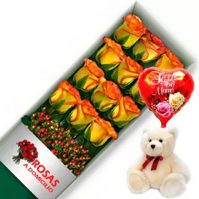 CAJA 12 ROSAS CIRCUS MÁS PELUCHE Y GLOBO DÍA DE LAS MADRES