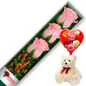 CAJA 3 ROSAS ROSADAS MÁS PELUCHE Y GLOBO DÍA DE LAS MADRES