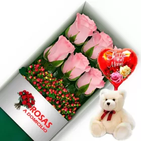 CAJA 6 ROSAS ROSADAS MÁS PELUCHE Y GLOBO DÍA DE LAS MADRES