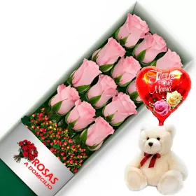 CAJA 12 ROSAS ROSADAS MÁS PELUCHE Y GLOBO DÍA DE LAS MADRES