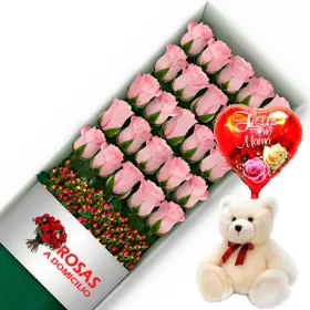 CAJA 24 ROSAS ROSADAS MÁS PELUCHE Y GLOBO DÍA DE LAS MADRES